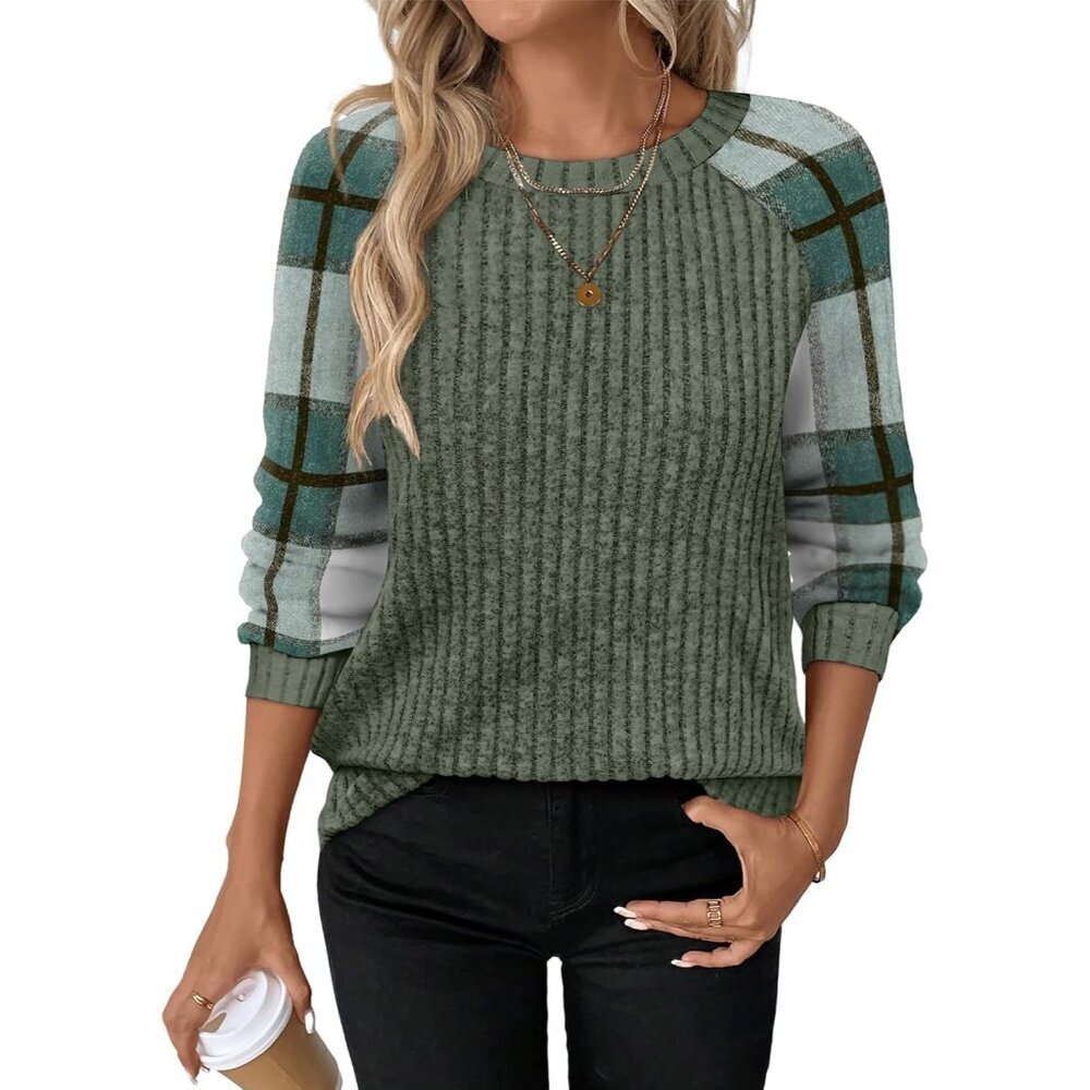 Women's green Plaid  Color Block Long Sleeve Shirt Lightweight Sweater - Picture 2 of 5